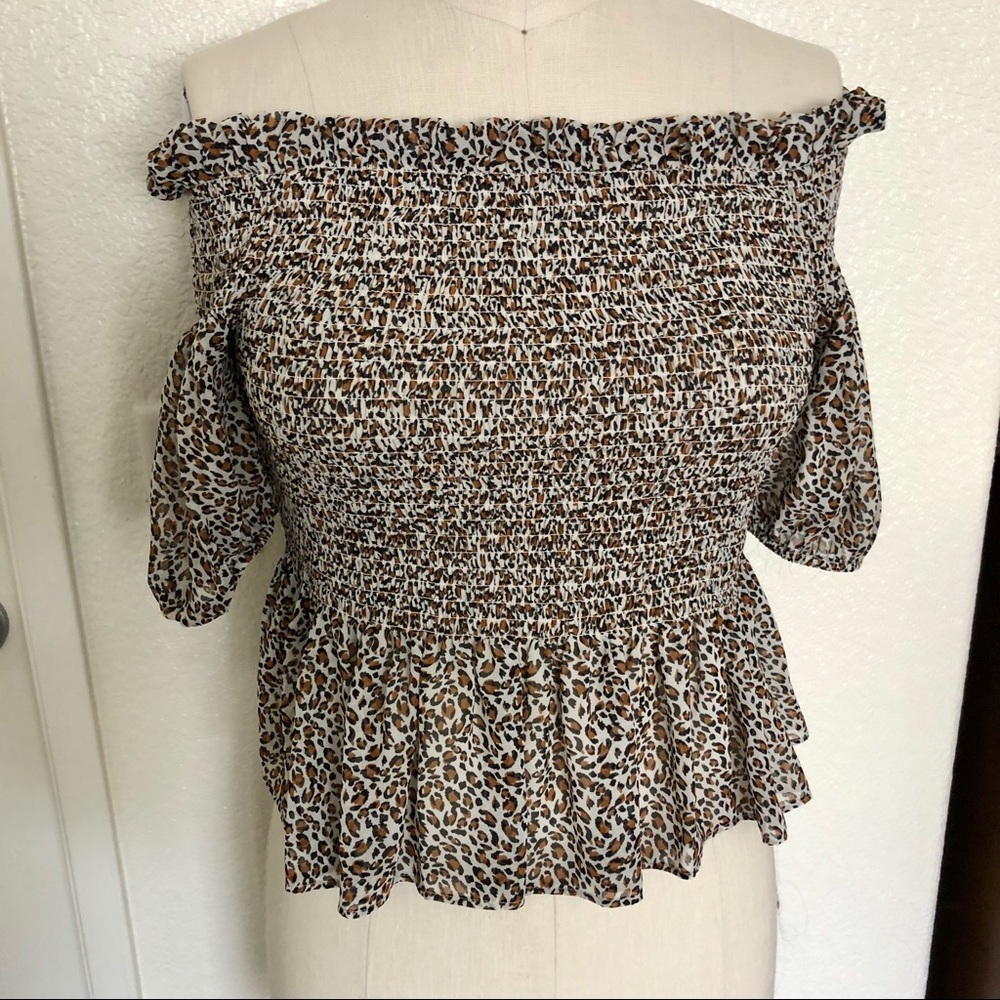 Smocked Animal Print Off Shoulder Top